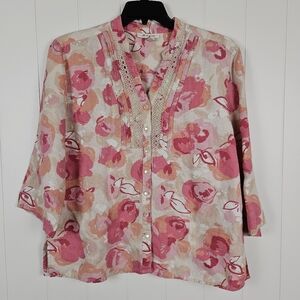 Linen Button Up Top Size 16 Floral Pink Beige V Neck 3/4 Sleeves Office Thin